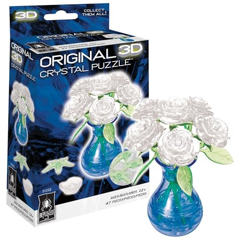 BePuzzled, Roses in Vase Original 3D Crystal Puzzle, 44 Piece Brain Teaser, Collectible Display Puzzle for Kids & Adults Ages 12+, White