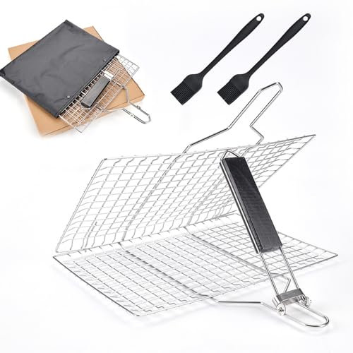 BBQ Grillkorb Fischbräter Faltbarer Grill Fischhalter mit abnehmbarem Griff,2 Bürsten, Tragbares Grillroste Grill Basket mit Saucenpinsel für Fisch, Steak, Fleisch, Gemüse, Garnelen