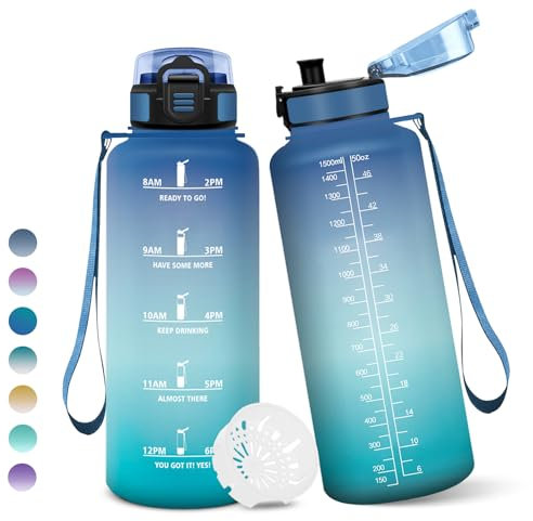 Gourde, 1500ML Sans BPA, Gourde sport, Avec Horodatage, Bouteille, Conception de Verrouillage Anti-Fuite, Bouteille Plastique pour bureau, En cours d'exécution, Escalader Des Montagnes - Bleu&vert
