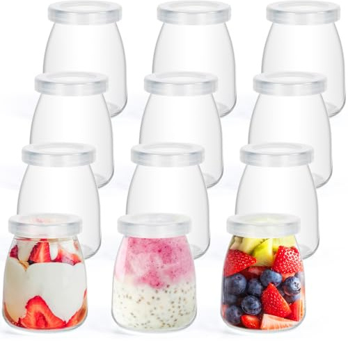 Ezvsevuo 12 Piezas Tarros de Yogur con Tapa, 140ml Vasos Yogurtera con Tapa, Tarros de Cristal para Yogurt, Frascos de Vidrio Pequeños Botes de Cristal para Pudín, Leche, Postre, Mermelada, Jalea