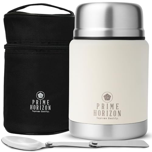 Prime Horizon Food Flask - 500ml Stainless Steel Vacuum Double Wall Jar with Folding Spoon, Leakproof and BPA Free. Free Insulated Travel Bag with Carabiner and Gift Box (Cream)