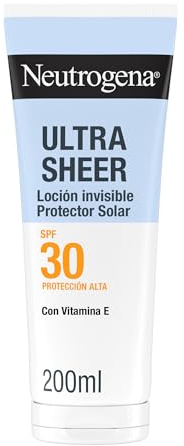 Neutrogena Ultra Sheer Lozione Idratante Invisibile Protezione Solare SPF 30 200 ml, Crema solare 30 viso e corpo con Vitamina E, Waterproof, Per tutti i tipi di pelle, Ultra-leggera, Senza profumo