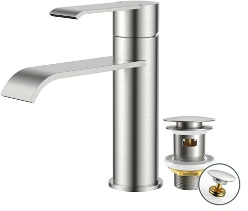 FORIOUS Grifo Lavabo Alto con Desagüe, Grifo Baño Monomando de Acero Inoxidable para Lavabos de Baño, Diseño Cascada Moderno, Ahorro de Agua