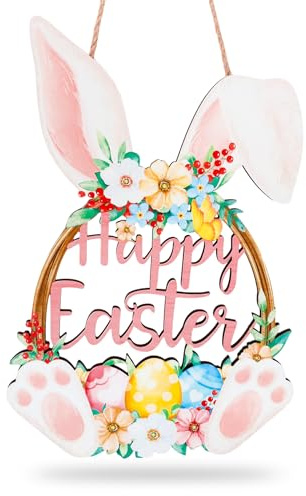 Letrero de Bienvenida de Pascua – Placa Decorativa de Madera con Forma de Conejito (19.5×29.5cm), con Colgador de Cuerda para Puerta de Entrada, Jardín o Decoración Primaveral del Hogar