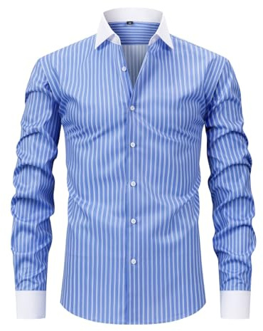 Dress Shirts Men 4-Way Strech Shirts Striped NO Iron Long Sleeve Business Shirt Regular Fit Collared Formal Wedding Work Mens Shirt Button Down Tops