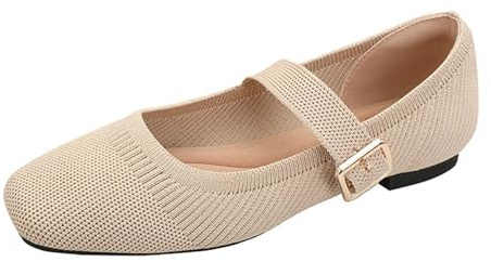 Generisch Bailarinas para mujer estilo Mary Jane hechas de material de punto: zapatos planos con puntera de contraste y hebilla | Planos cómodos para la oficina y el día a día