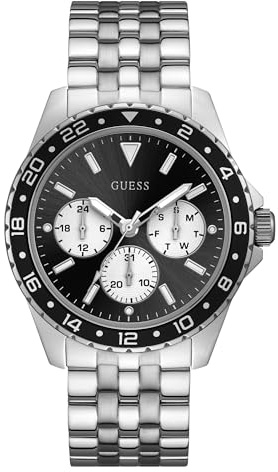 GUESS Stainless Steel + Black Bracelet Watch with Day, Date + 24 Hour Military/Int'l Time. Color: Silver-Tone (Model: U1107G1)
