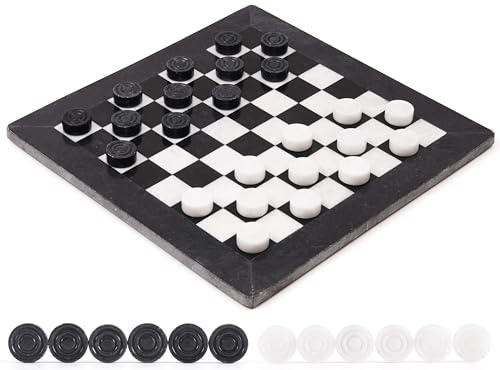 Radicaln Gioco da tavolo per dama in marmo 15 pollici Set da dama da torneo fatto a mano in bianco e nero per 2 giocatori - Set di giochi da tavolo per bambini da tavolo portatile