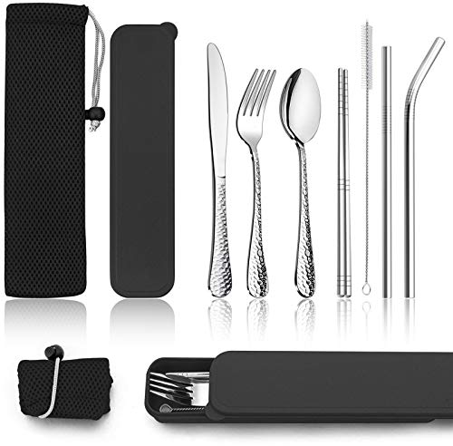 Campingbesteck, HaWare 9-teilig Edelstahl Outdoor Reisebesteck Wanderbesteck, Tragbares Picknick Besteck Set mit Messer Gabel Löffel, Metallstroh, Essstäbchen, Reinigungsbürste, Schwarz Etui &Tasche