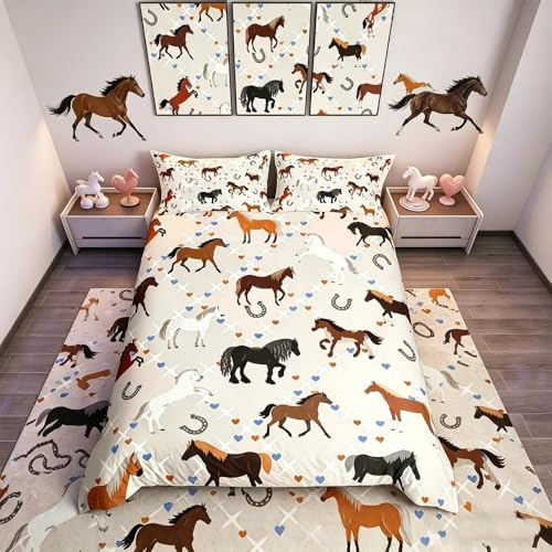 Kids Horse Bedding Set Single Kawaii Horses Bedding Duvet Cover Set for Girls Women Gray Buffalo Check Plaid Heart Decor Comforter Cover Farmhouse Grid Farmhorse Bedspread Cover Bedroom 2Pcs