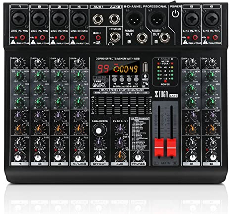 XTUGA LXT6 Professioneller 6-Spur-Audio-Mixer mit 99 DSP-Effekten, 7-Band-Equalizer, unabhängige Phantomeinspeisungstaste und Stummschaltung, Bluetooth-Funktion, DJ, Bühne/Abend
