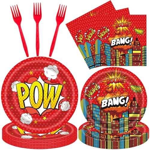 96 Pcs Super Theme Hero Plates For Red Hero Party Supplies Plates Napkins Forks Hero Theme Birthday Party Decorations Birthday Disposable Dinnerware Tableware for Boys Girls Serves 24