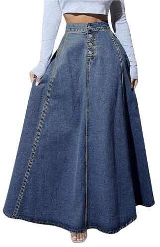 ebossy Women's Retro High Waisted Button Fly Flared Long Jean Skirts Pleated Flowy Swing A-line Denim Maxi Skirts, Dark Blue, XL