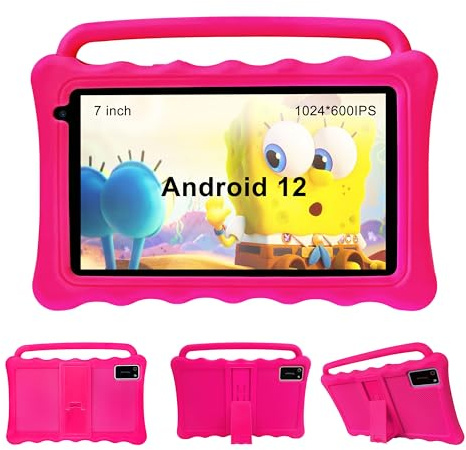 BYYBUO 7 inch Kids Tablet, Android 12 Tablets for Kids with Case, 32GB | Toddler Tablet with WiFi, Kids Software Pre-Installed, Dual Camera (Pink)
