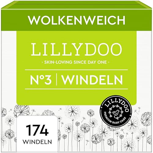 LILLYDOO hautfreundliche Baby Windeln - Größe 3 (6+ kg), Monatsbox (174 Stück), Sicherer Auslaufschutz, Weich, Ohne Parfüme & Lotionen für empfindliche Haut, Dermatologisch getestet