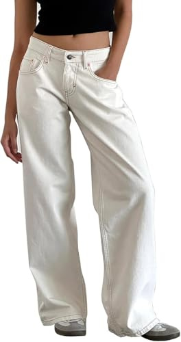 Jeans a gamba larga per donna, jeans baggy a vita bassa Y2K trendy stretch gamba dritta a vita larga jeans lunghi in denim, bianco, XS