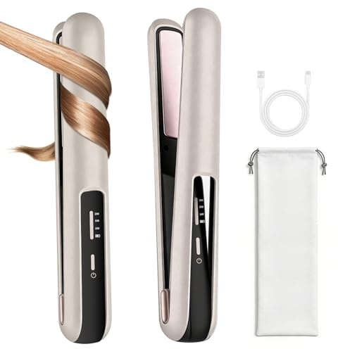 Mini piastra lisciante senza fili, 2 in 1, per arricciare e lisciare i capelli, da viaggio, in ceramica, per tutti i tipi di capelli, batteria da 4800 mAh, riduce l'effetto crespo (160-200 ℃)