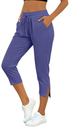 WAZHAKU Pantalones capri de verano para mujer, elásticos, 3/4, pierna ancha, para el tiempo libre, para el entrenamiento, con cordón y bolsillos, transpirables, con goma elástica, O Navy, XL