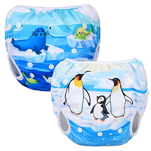 Luxja Riutilizzabile Pannolini da Nuoto (Confezione da 2), Costume Pannolino Lavabili, Impermeabile Pannolino Piscina (0-3 Anni), Penguin + Sea Animals