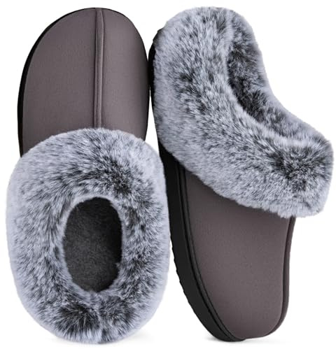 HomeTop Women's Classic Microsuede Memory Foam Slippers Durable Rubber Sole with Warm Faux Fur Collar (7-8 M, Dark Gray)