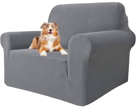 MAXIJIN Super Stretch Chair Covers for Living Room, 1-Piece Universal Chair Slipcover with Arms Jacquard Spandex Chair Protector Dogs Pet Friendly Sofa Couch Armchair Cover (1 Seater, Light Grey)