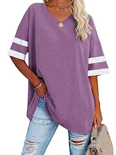 Voopptaw Women's Comfy Loose Fitting Tshirts V Neck Half Sleeve T Shirt Tunic Tops Purple S