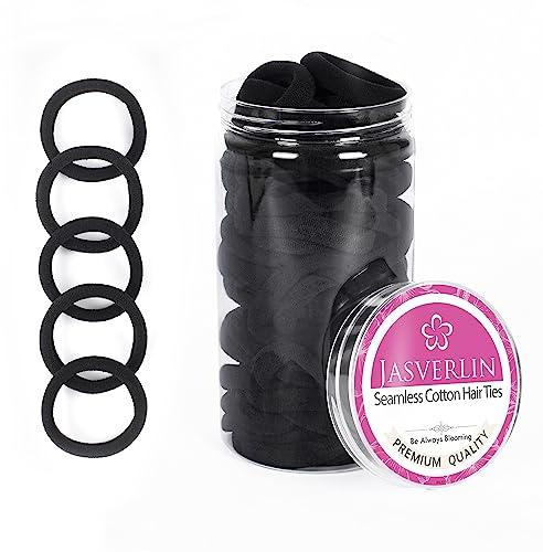 JASVERLIN 100 pcs Seamless Cotton Black Hair Ties, Thick Hair Elastic Bands Soft No Damage Ponytail Holders for Women Girl 1.5 inch