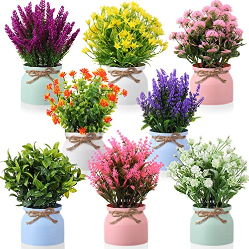 Cindeer 8 Pcs Large Artificial Potted Flowers Fake Potted Plants Plastic Faux Flowers for Home Decor Indoor Artificial Plants in Pots for Wedding Home Desk Tabletop Outdoor Office Kitchen (Romantic)