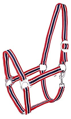 Cabestro para caballos Start Economic - Cabestro ajustable para caballo, caballo cabestro de establo, pura sangre, sangre caliente (rojo/blanco/azul oscuro, COB)