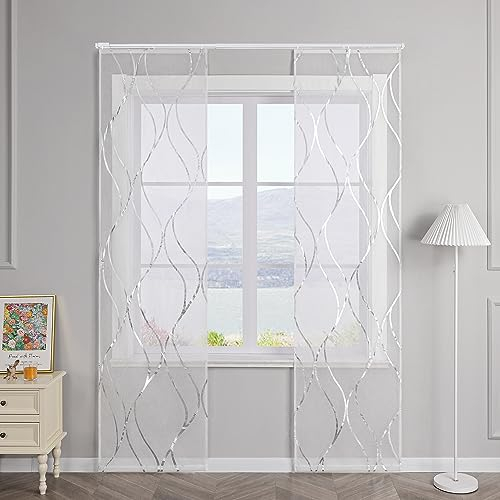SCHOAL Schiebegardinen mit Klettband Transparente Schiebevorhang 2er Set Voile Gardinenschal Fensterschal mit glänzenden Wellen Muster BxH 57x145cm Silber