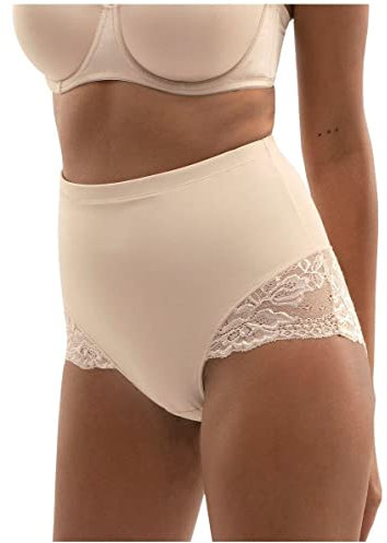 Dorina Damen Slip, Mid-Waist, Bauchkontrolle, Hoher Taillenslip, Florale Spitzenverzierung, Mittlerer Halt, Brigitte, Beige, M