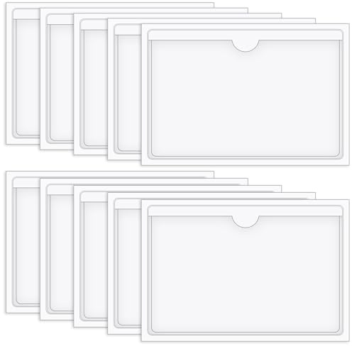 Vicloon Självhäftande ficka, 10 stycken självhäftande etiketthållare, 100 x 150 mm, transparent, prislapp hållare, kontor hemskolans betyg | Etiketthållare självhäftande, övre öppning, kontor organisera och sortera