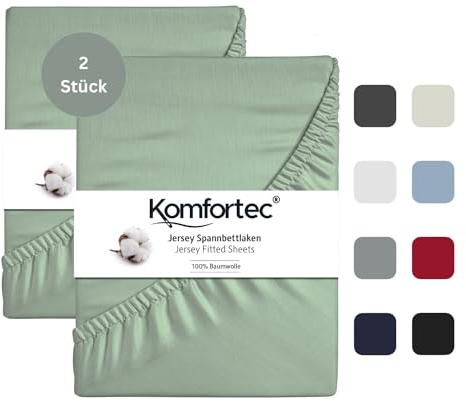 Komfortec 2er Pack Jersey Spannbettlaken 90x200 cm, 100% Baumwolle, Doppelpack Spannbettuch, Grün