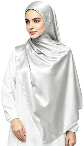 Lina & Lily Maxi Foulard Hijab Femme Musulmane en Satin Extra-longue 72 x 200cm (Argent)