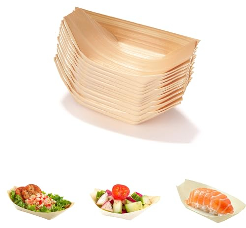 Coupelles en Bambou Bateau,100 PCS Plats de Bateau en Bois Plateaux de Service en Bambou Vaisselle Jetable Collation Bol de Service pour Nourriture Doigts Currywurst Pommes Sushi