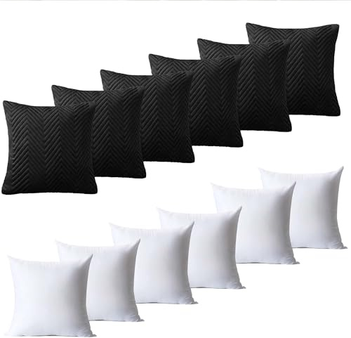 BedLooms Cushions with Covers Included 45 x 45 cm Set of 12 (6 Black Cushion Covers, 6 Cushion Inserts) Ultrasonic Square Throw Pillow Cases Decorative Sofa Cushion with Invisible Zipper