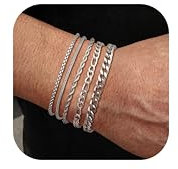 LOLIAS 5 Stück Silber Armbänder - Herren Edelstahl Armbänder mit Kubanischem Gliederseil Figaro Kette Armband Set - Schmuck Geschenk für Männer, Vater, Freund, Ehemann