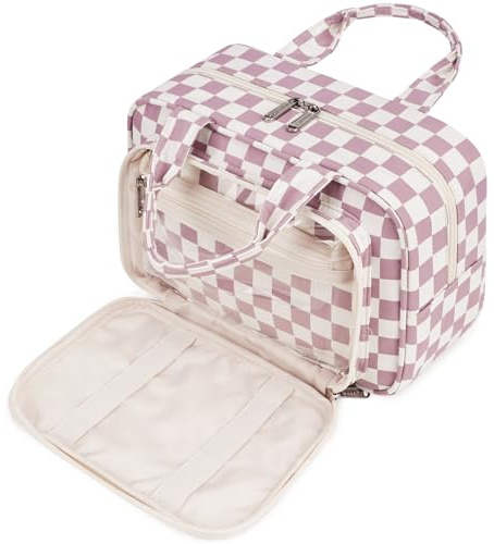 Narwey Full Size Toiletry Bag Large Wash Bag Makeup Bag Travel Organizer Cosmetic Bag for Women (Dusty Rose Checkerboard)