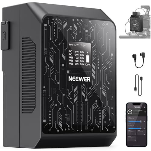 NEEWER Smart Mini V Mount Akku NEEWER APP Steuerung 6800mAh 99Wh 14,5V mit 100W PD Schnellladung OLED Dual USB C/D Tap/BP/USB A/Dual DC Anschlüsse Kompatibel mit BMPCC 4k 6k Camcorder Kamera PS099S