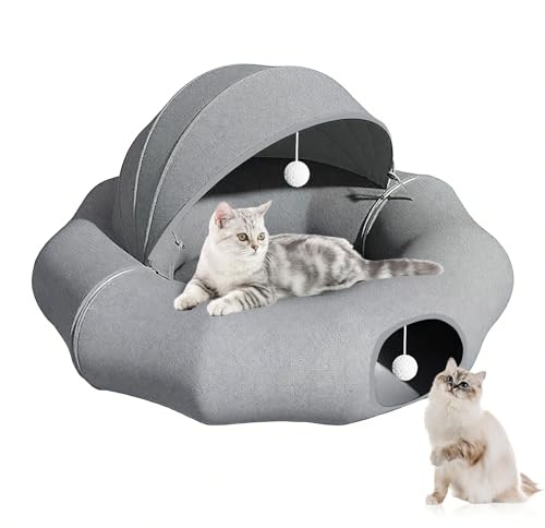 Teeloray Tunnel Chat, Tunnel Chat Rond XXL, Lit Tunnels pour Chats avec Tapis Central Doux et Jouets Boules en Peluche, 2 en 1 en Forme de Donut et Lit pour Chatons, Lapins et Chiots d'Intérieur