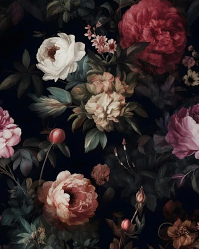 XRUIBZI Dark Floral Peel and Stick Wallpaper,17.5 x 393 Vintage Gothic Contact Paper, Pink Moody Flower Wall Mural Home Vinyl Waterproof Self Adhesive Removable Renter Friendly Wall Paper