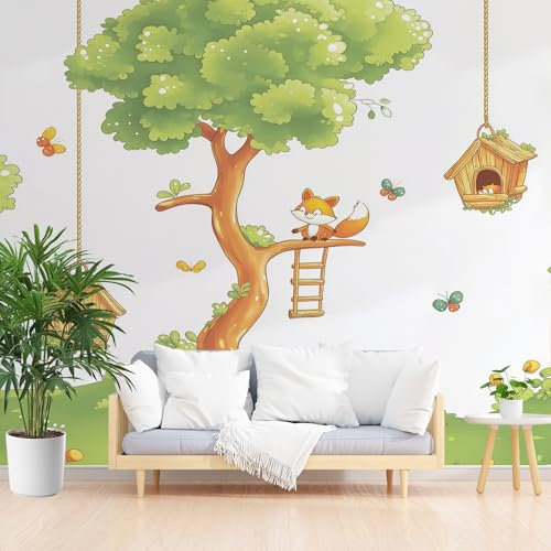 Kntnshac Animaux de dessin Animé Renard Papier Peint Panoramique 3D 150 x 105 cm (L x H), Lapin Oiseau Papillon Papier Peint, pour Salon Chambre d'enfants restaurant Décoration Murale