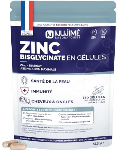 Zinc Bisglycinate 15mg + Sélénium | Assimilation Maximale | Peau, Ongles, Cheveux, Immunité, Fertilité | Fabriqué en France (180 gélules | 6 mois)