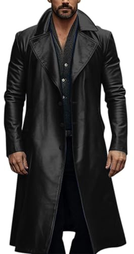 Duohropke Cappotto in pelle da uomo, sexy in pelle PU, trench metallizzato, lucido, lungo, cappotto invernale, in ecopelle, per le mezze stagioni, per lo streetwear