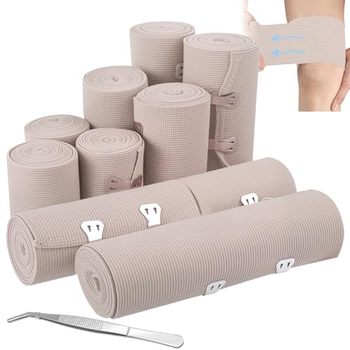 10 Fasce Elastiche, Bende Elastiche di Compressione, 4 Misure (5/7,5/10/15 cm), Fasce Elastiche Lavabili con Clip in Metallo, Ideali per Polso, Caviglia, Ginocchio e Pronto Soccorso
