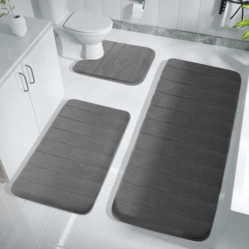 BUERPINKING Badteppich rutschfest Waschbar, Badezimmerteppich Set 3 Teilig Badezimmer Teppiche, Weiche Memory-Badvorleger Set und U Förmige Wc Vorleger für Dusche, Badewanne und WC
