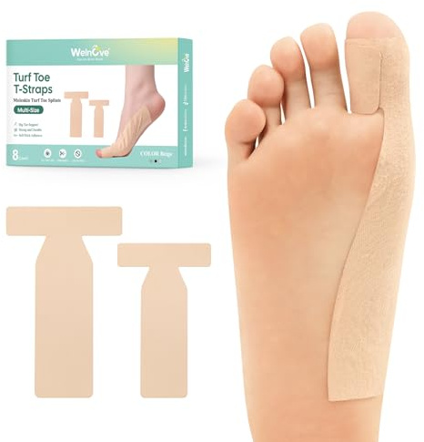Welnove Turf Toe T-Straps - 8 horquillas Moleskin para injurias de dedo gordo, cinta elástica para dedos del pie, enderezadores de dedos para mujeres y hombres, beige, tallas mixtas (4 pequeñas y 4