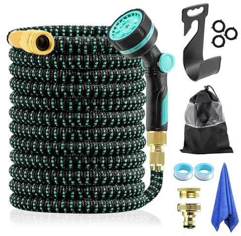 Tubo Acqua Giardino Estensibile 30metri, Tubo da Giardino con Pistola a Spruzzo d'Acqua 10 Funzioni, Canna Acqua Giardino Flessibile, Connettore in Ottone 20mm e 25mm e Gancio e Organizer Inclusi