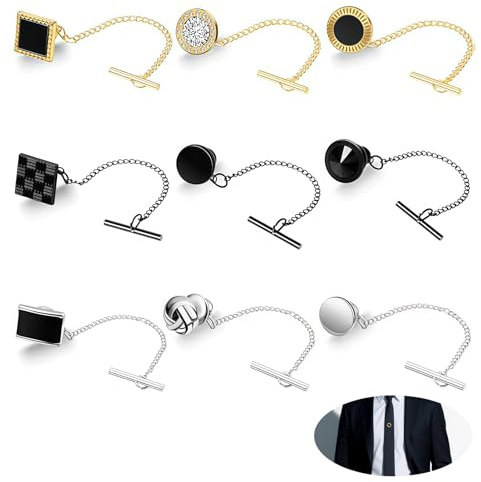 NICENEEDED 6 épingle à Cravate pour Homme Épingles à Cravate avec Pinces à Chaîne Accessoires pour Costumes Fermoirs à Épingle pour Cravates Classiques Mariage Anniversaire Affaires