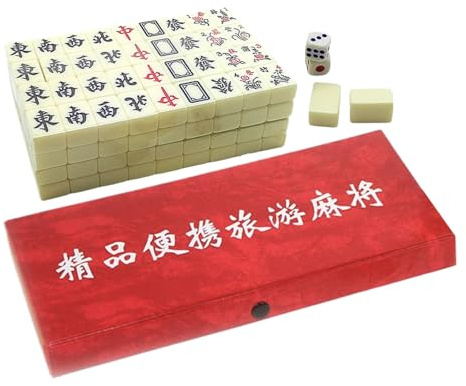 Mahjong - Gioco di piastrelle da 144 pezzi in resina, set Mahjong portatile con 2 e 4, gioco da tavolo classico | Incontro di famiglia per principianti adulti a casa viaggi feste vacanze